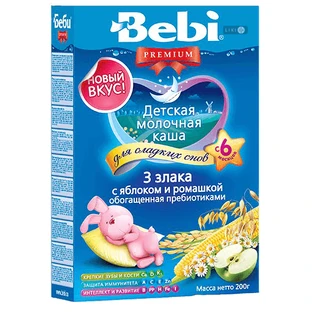 Дитяча каша Bebi Premium 3 злаки з яблуком і ромашкою молочна з 6 місяців, 200 г