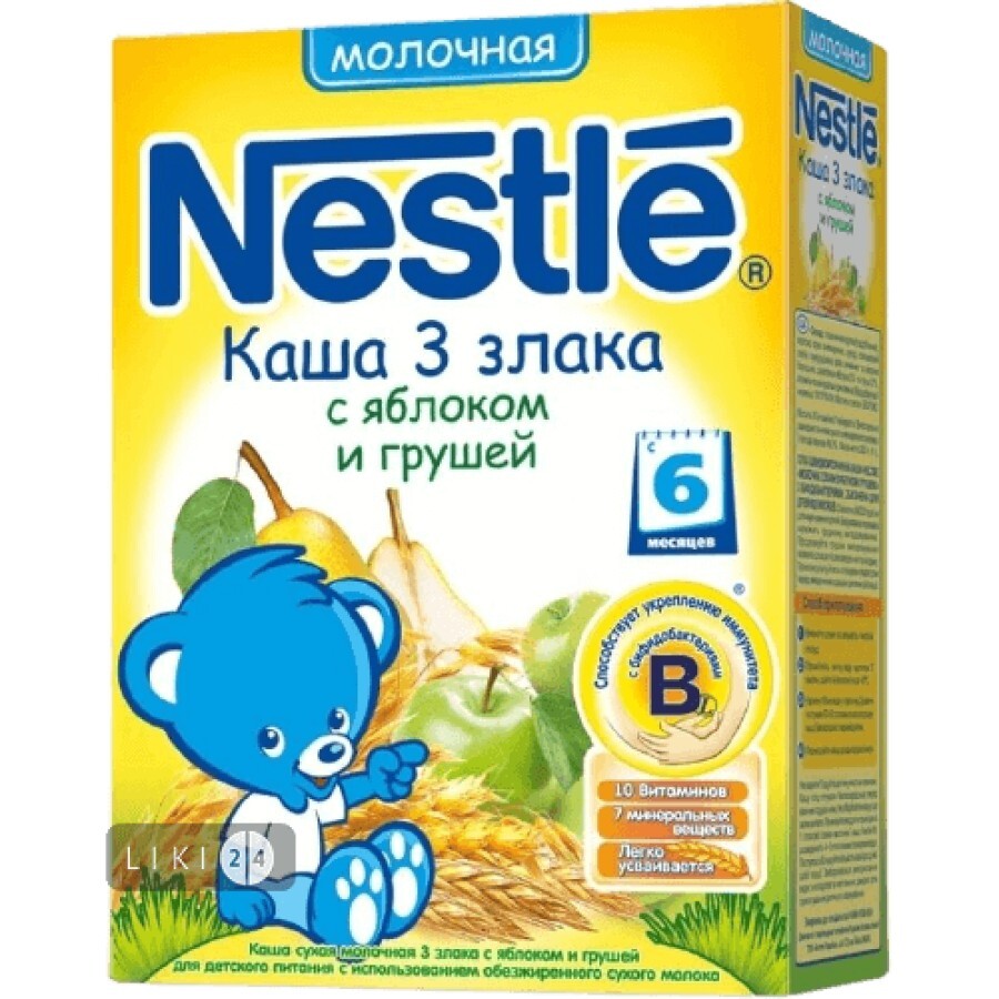 Каша молочна Nestle 3 злаки з яблуком і грушею з біфідобактеріями 200 г: ціни та характеристики