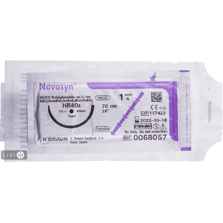 Материал шовный хирургический, рассасывающийся novosyn фиолетовый USP 1 (4) 70 см, игла HR 40 S (M) упаковка DDP