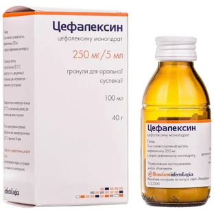 Цефалексин гран. д/п сусп. 250 мг/5 мл фл. 40 г, д/п 100 мл сусп.