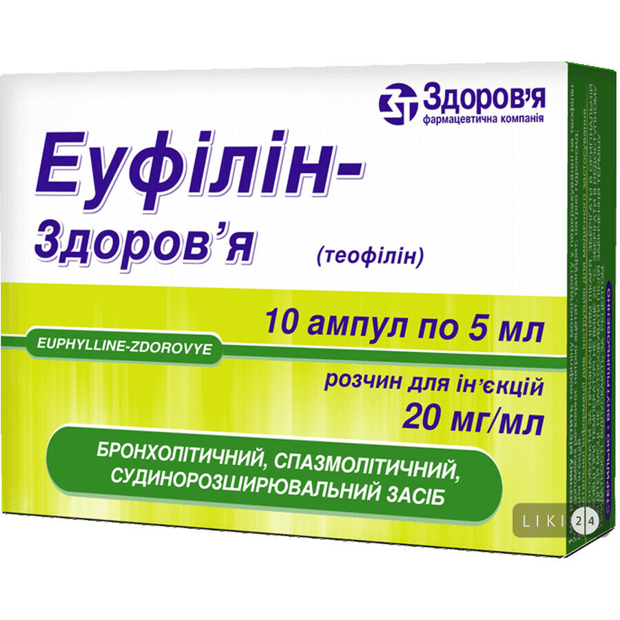 Еуфілін-здоров'я р-н д/ін. 20 мг/мл амп. 5 мл, у блістері в коробці №10: ціни та характеристики