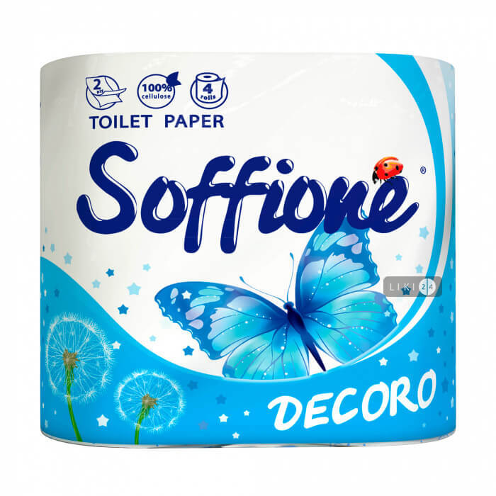 

Папір туалетний SOFFIONE DEKORO 2 шари білій з блакитним 4 шт, SOFFIONE DEKORO 2 сл. белая с голубым