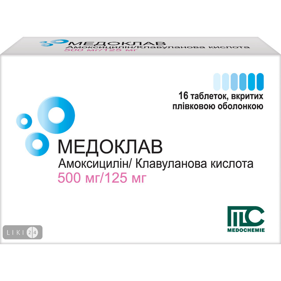 Медоклав табл. п/плен. оболочкой 500 мг + 125 мг №16: цены и характеристики