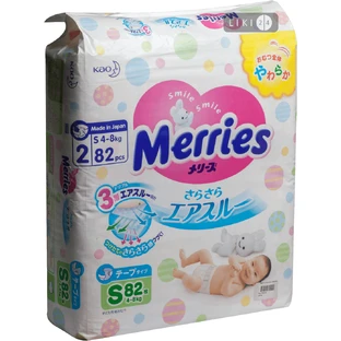 Підгузки Merries для дітей S 4-8 кг 82 шт