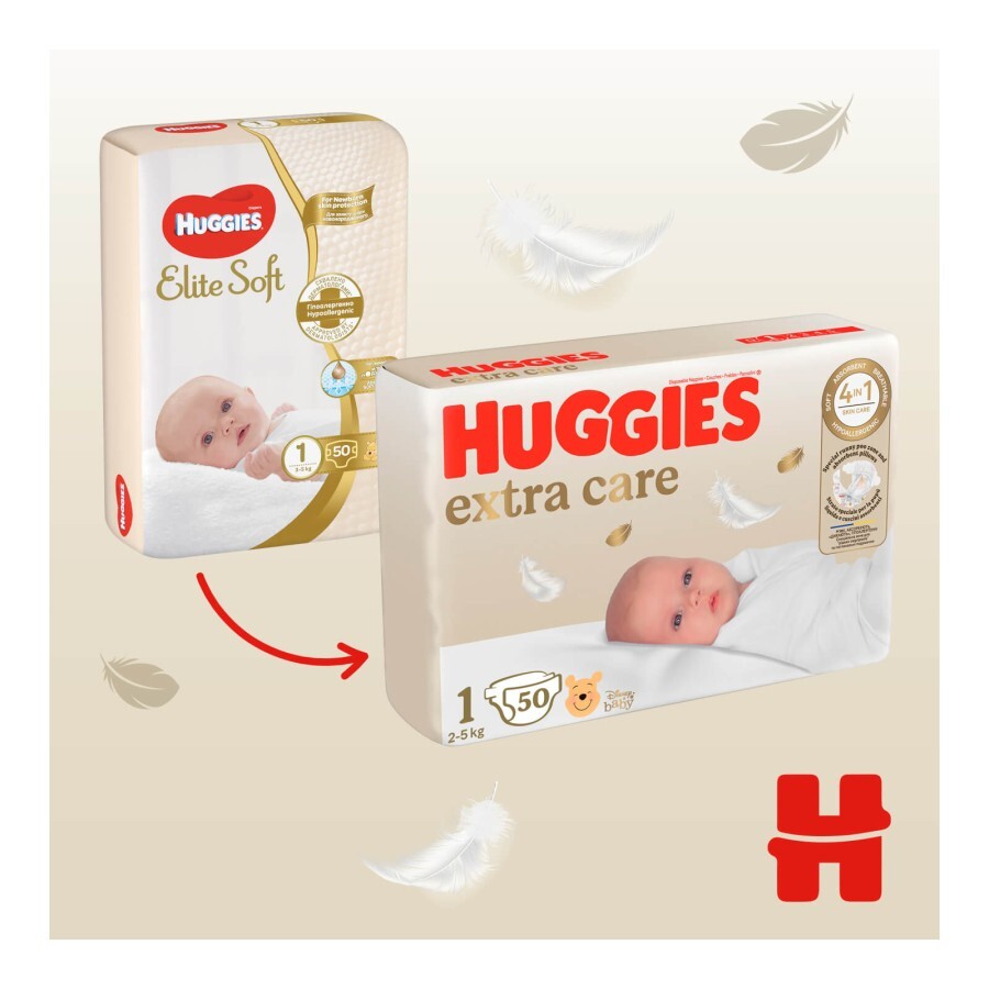 Подгузники Huggies Extra Care Elite Soft 1 3-5 кг 50 шт: цены и характеристики