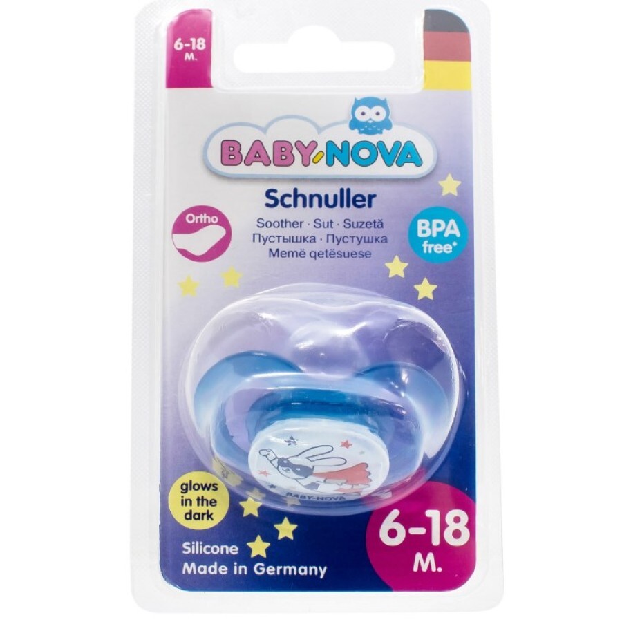 Пустушка Baby-Nova Good Night 24242 силіконова ортодонтальна, нічна, розмір 2, голуба: ціни та характеристики