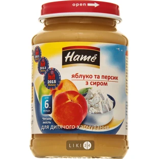 Фруктове пюре з сиром Hame Яблуко і персик з 6 місяців 190 г