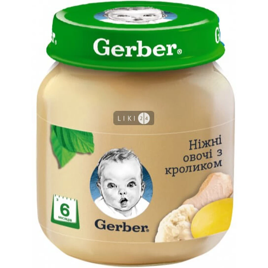 Пюре овочево-м'ясне протерте "ніжні овочі з кроликом" "gerber" 130 г, с 6 месяцев №12: ціни та характеристики
