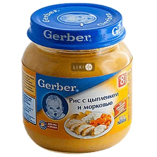 Пюре овочево-м'ясне протерте "рис з курчам та морквою" тм "gerber" 125 г, з 8 міс.