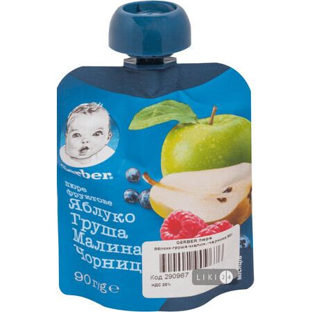 Фруктове пюре Gerber Яблуко, груша, малина, чорниця з 6 місяців 90 г