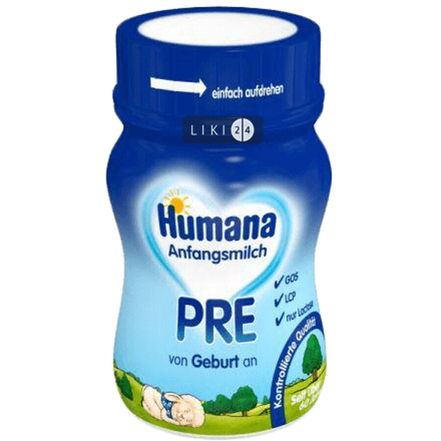 Рідка молочна суміш Humana PRE з LC PUFA, пребіотиками і нуклеотидами для дітей з 0 до 3 місяців, 90 мл: ціни та характеристики