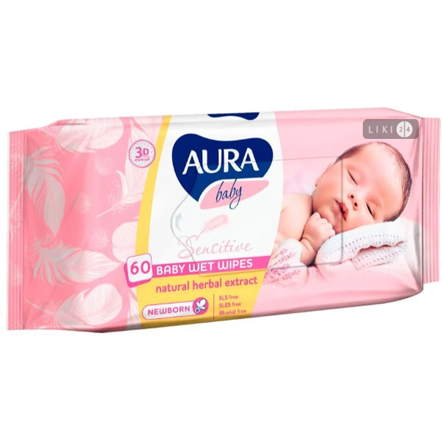 Салфетки влажные "aura" Baby д/детей sensitive, с экстр. трав №60: цены и характеристики