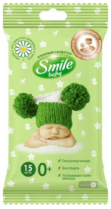 

Вологі серветки Smile Baby Дитячі з екстрактом ромашки, алое і вітамінним комплексом 15 шт, сок алое+екстр. ромашки
