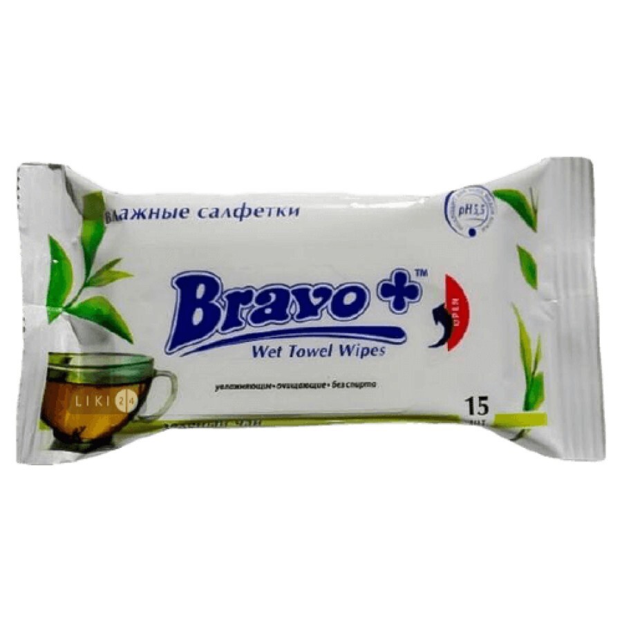 Салфетки влажные Bravo+ Зеленый чай 15 шт: цены и характеристики