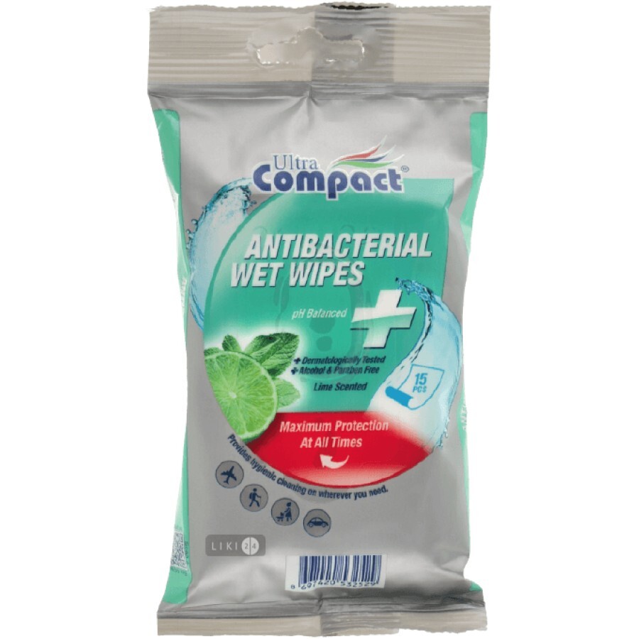 Вологі серветки Ultra Compact Antibacterial 15 шт: ціни та характеристики