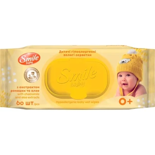 Вологі серветки Smile Baby Дитячі з екстрактом ромашки, алое і вітамінним комплексом з клапаном 60 шт