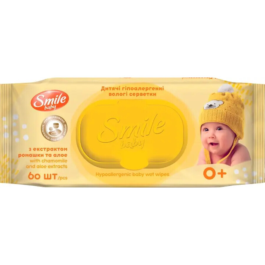 Вологі серветки Smile Baby Дитячі з екстрактом ромашки, алое і вітамінним комплексом з клапаном 60 шт: ціни та характеристики