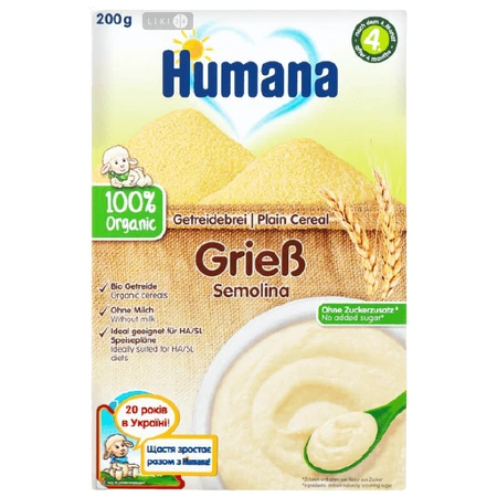 Дитяча каша Humana Plain Cereal Semolina пшенична безмолочна з 6 місяців, 200 г: ціни та характеристики
