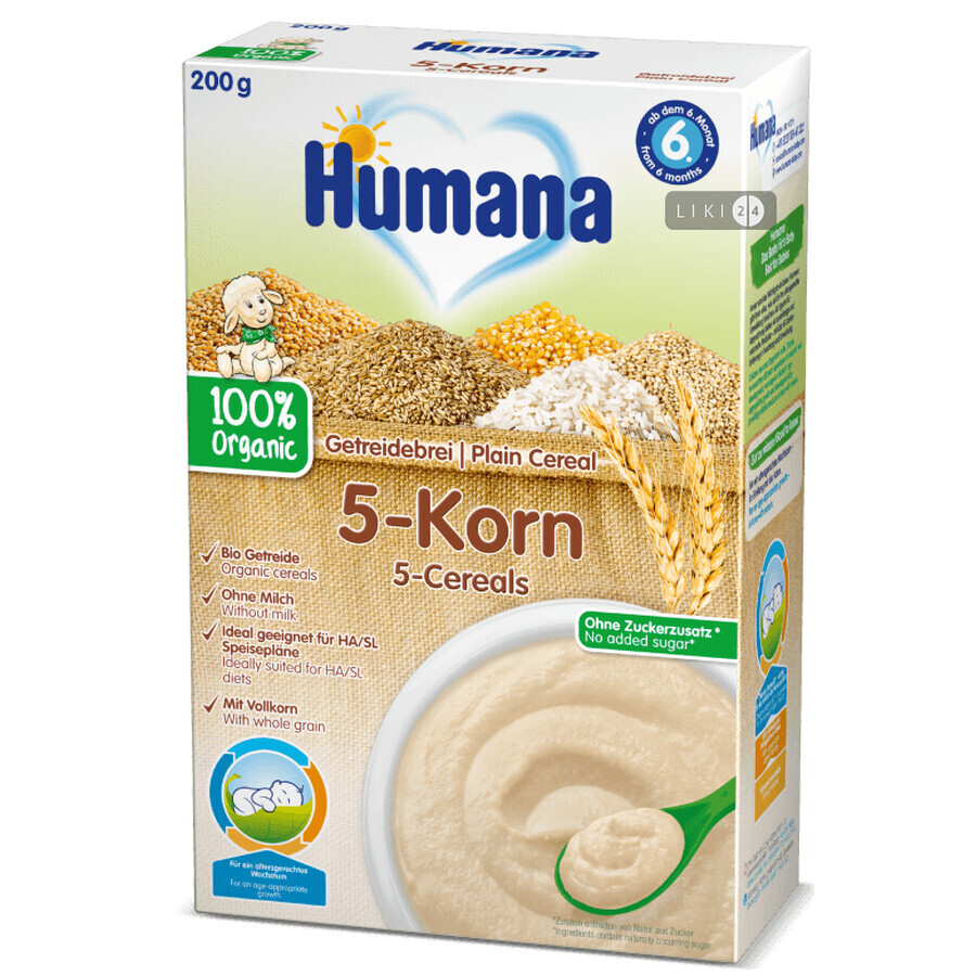 Дитяча каша Humana Plain Cereal 5-Cereals 5 злаків безмолочна від 6 місяців, 200 г: ціни та характеристики