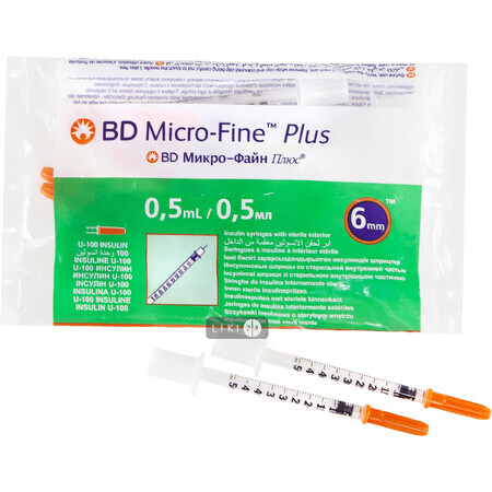 Шприц ін'єкційний інсуліновий одноразового застосування bd micro-fine plus U-100 0,5 мл, з голкой 0,25 (31G) х 6 мм №10