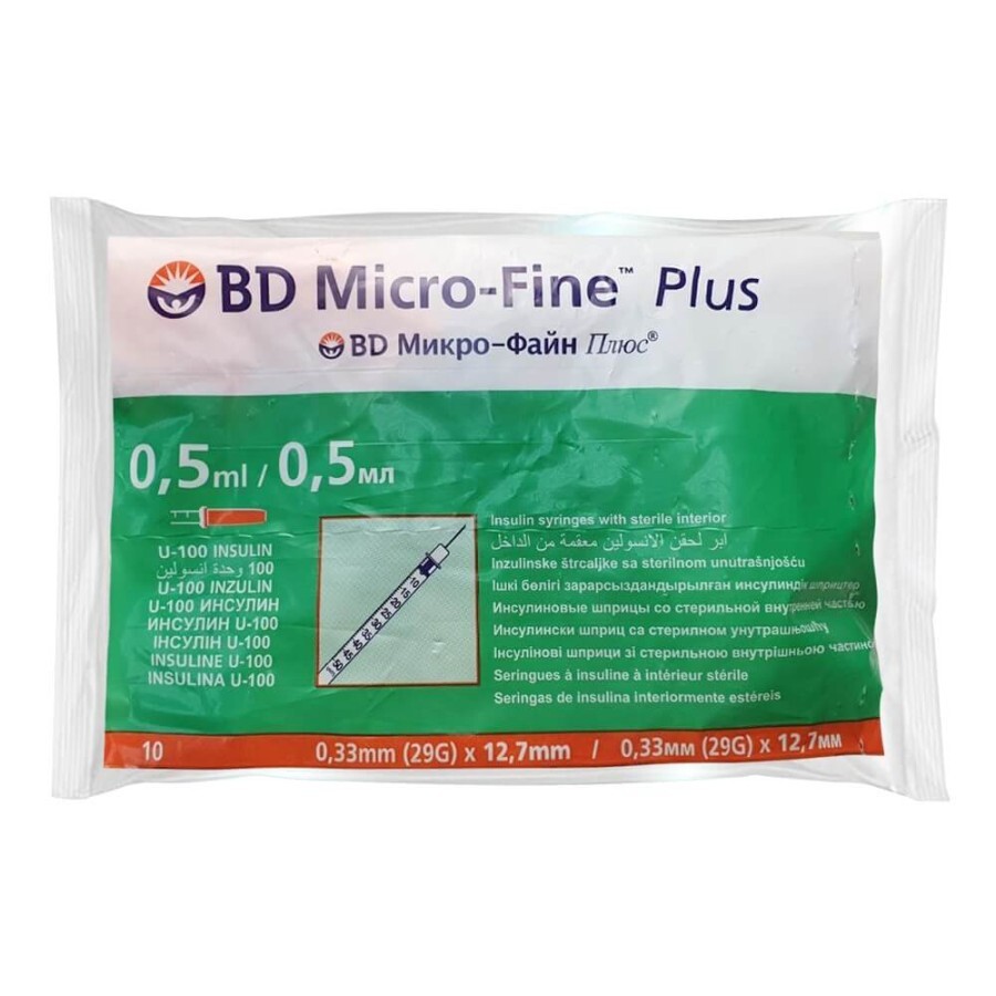 Шприц инсулиновый BD Micro-Fine Plus U-100 с иглой 29G 0.33 x 12.7 мм 0.5 мл 10 шт: цены и характеристики