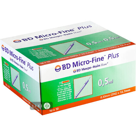 Шприц ін'єкційний інсуліновий одноразового застосування bd micro-fine plus U-100 0,5 мл, з голкою 0,33 мм (29 G)х12,7мм №100