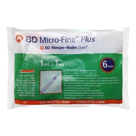 Шприц инсулиновый BD Micro-Fine Plus U-100 1 мл, с иглой 0,25 (31G) х 6 мм