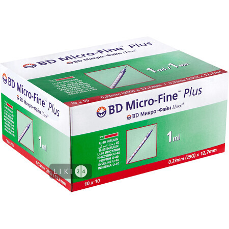 Шприц инъекционный инсулиновый одноразового применения bd micro-fine plus U-40 1 мл, с иглой 0,33 мм (29 G)х12,7мм №100