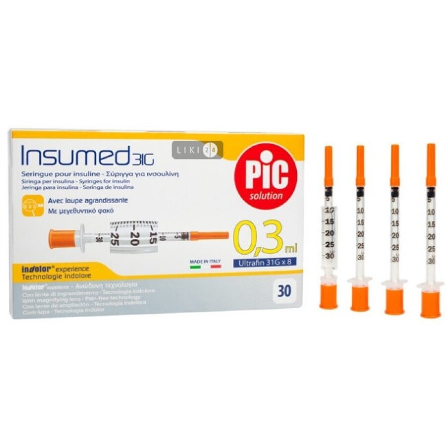 Шприц инъекционный инсулиновый стерильный одноразового использования insumed с иглой 0,3 мл, с иглой 31 G х 8 (0,25 х 8 мм) №30: цены и характеристики