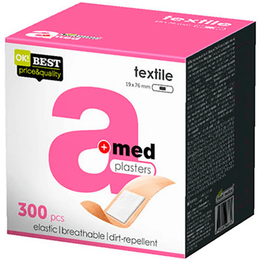 Пластир медичний A-med Textile бактерицидний на текстильній основі 19х76мм, 300 штук: ціни та характеристики
