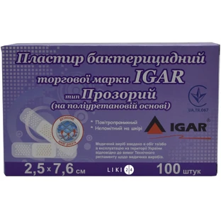 Пластир бактерицидний Igar Прозорий на полімерній основі 2.5 см х 7.6 см 100 шт