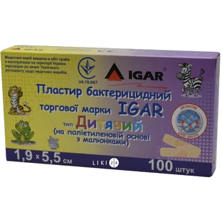 Пластир бактерицидний Igar Дитячий на полімерній основі з малюнками 1.9 см х 5.5 см 100 шт