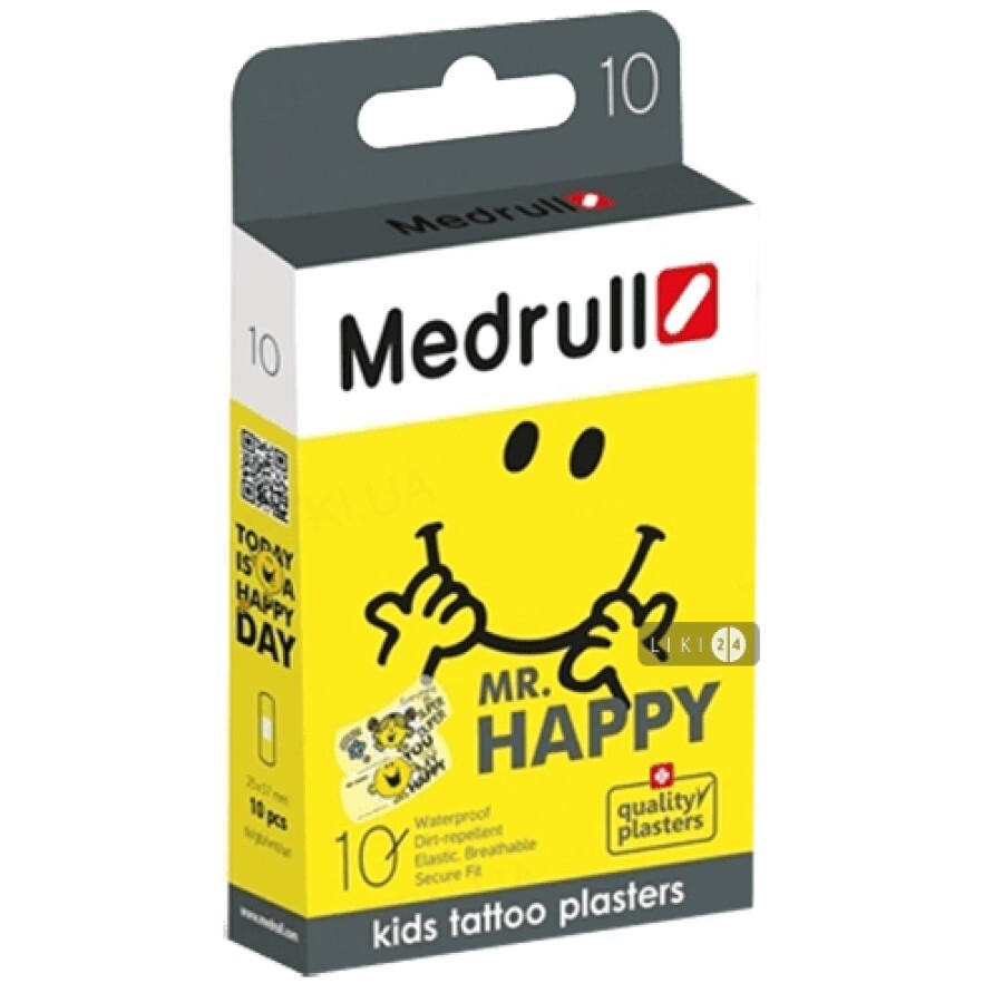 Набор пластырей медицинских Medrull Mr. Happy детских Тату бактерицидных на полимерной основе 25 мм х 57 мм, 10 шт: цены и характеристики