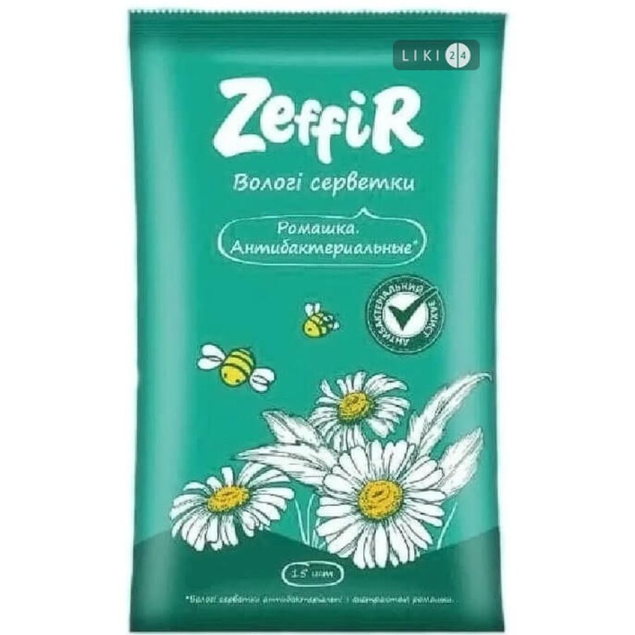 Серветки вологі тм "Zeffir" антибактеріальні, з екстрактом ромашки №15: ціни та характеристики