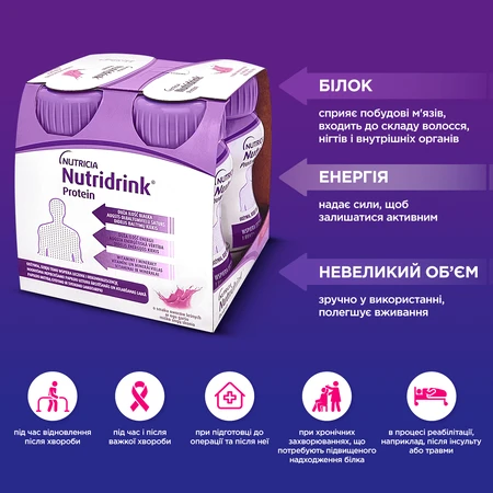 Ентеральне харчування Nutridrink (Нутрідрінк) Protein зі смаком лісових плодів, 125 мл, 4 шт.: ціни та характеристики
