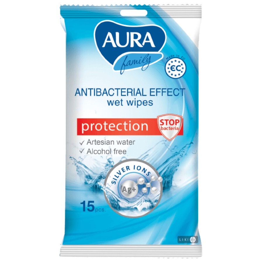 Вологі серветки Aura Family антибактеріальні 15 шт: ціни та характеристики