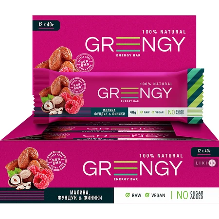 Батончик Greengy Финики, Малина и Фундук, 40 г: цены и характеристики
