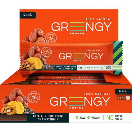 Батончик Greengy Финики, Курага, Грецкие орехи и Чиа, 40 г: цены и характеристики