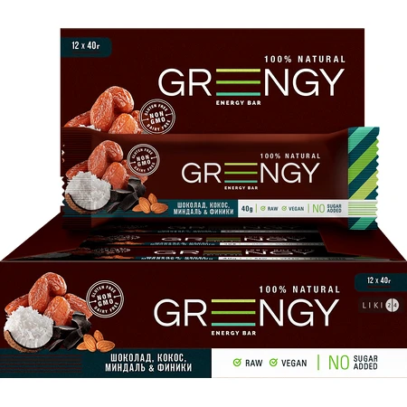 Батончик Greengy Фініки, Шоколад, Кокос та Мигдаль 40 г: ціни та характеристики