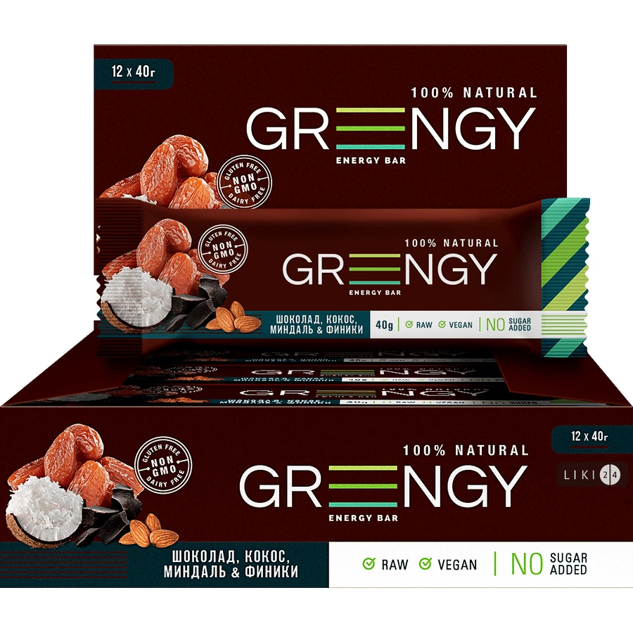Батончик Greengy Фініки, Шоколад, Кокос та Мигдаль 40 г: ціни та характеристики