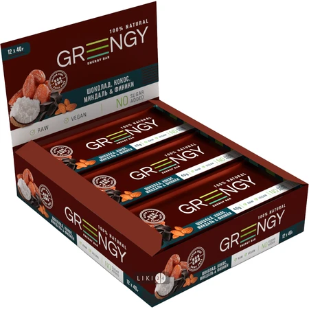 Батончик Greengy Фініки, Шоколад, Кокос та Мигдаль 40 г: ціни та характеристики