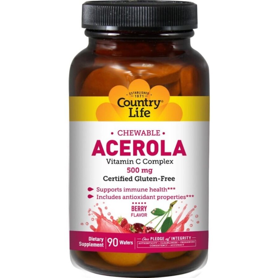 Ацерола вітамін С комплекс 500 мг Country Life жувальні таблетки, №90: ціни та характеристики