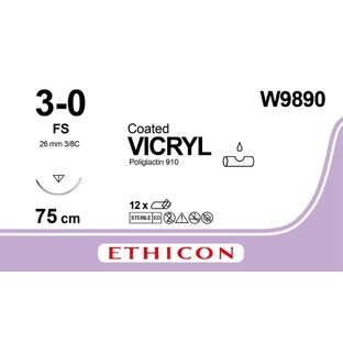 Vicryl W9890 неокрашенный 75 см M2 USP3/0 одна игла FS, тип возвратно-режущая Reverse Cutting, 26 мм, 3/8 круга