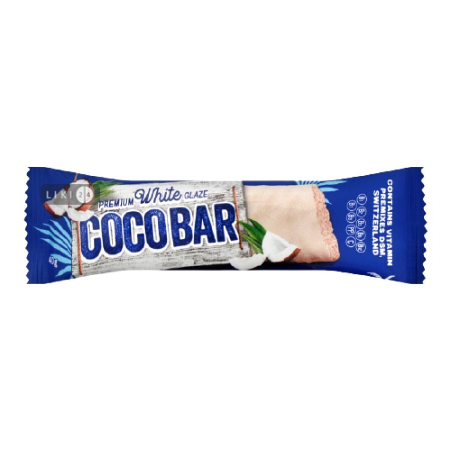 Батончик Coco Bar вітамінізований кокосовий у білій шоколадній глазурі, 40 г: ціни та характеристики