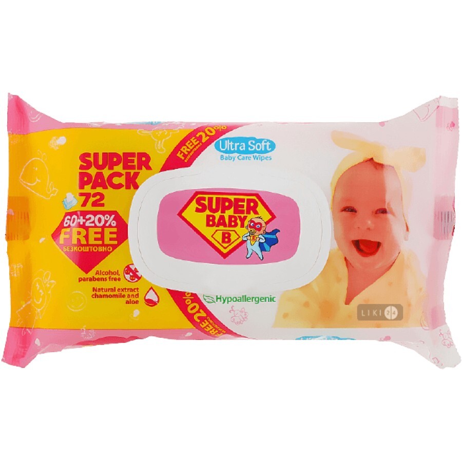 Влажные салфетки Super Baby SuperPack Ромашка и алоэ 72 шт: цены и характеристики