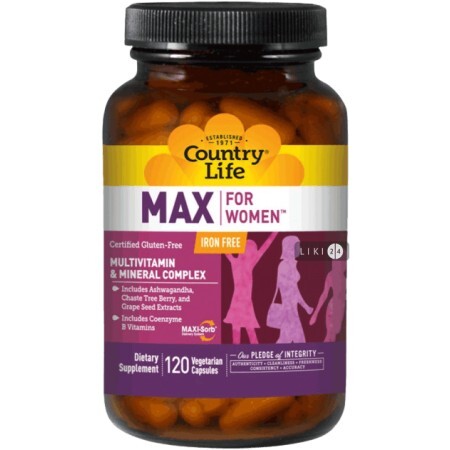 Вітамінно-мінеральний комплекс Country Life Max for Women для жінок без заліза 120 желатинових капсул