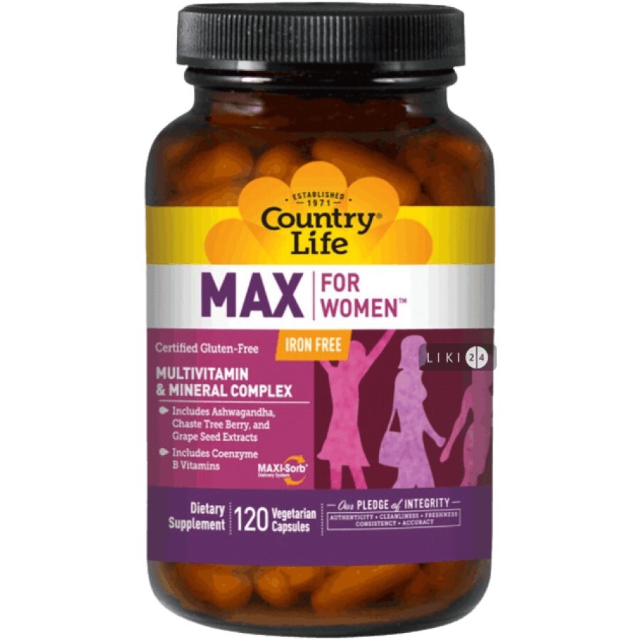 Вітамінно-мінеральний комплекс Country Life Max for Women для жінок без заліза 120 желатинових капсул: ціни та характеристики