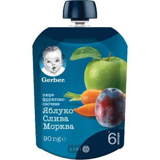 Фруктово-овощное пюре Gerber Яблоко, слива, морковь с 6 месяцев Пастеризованное 90 г