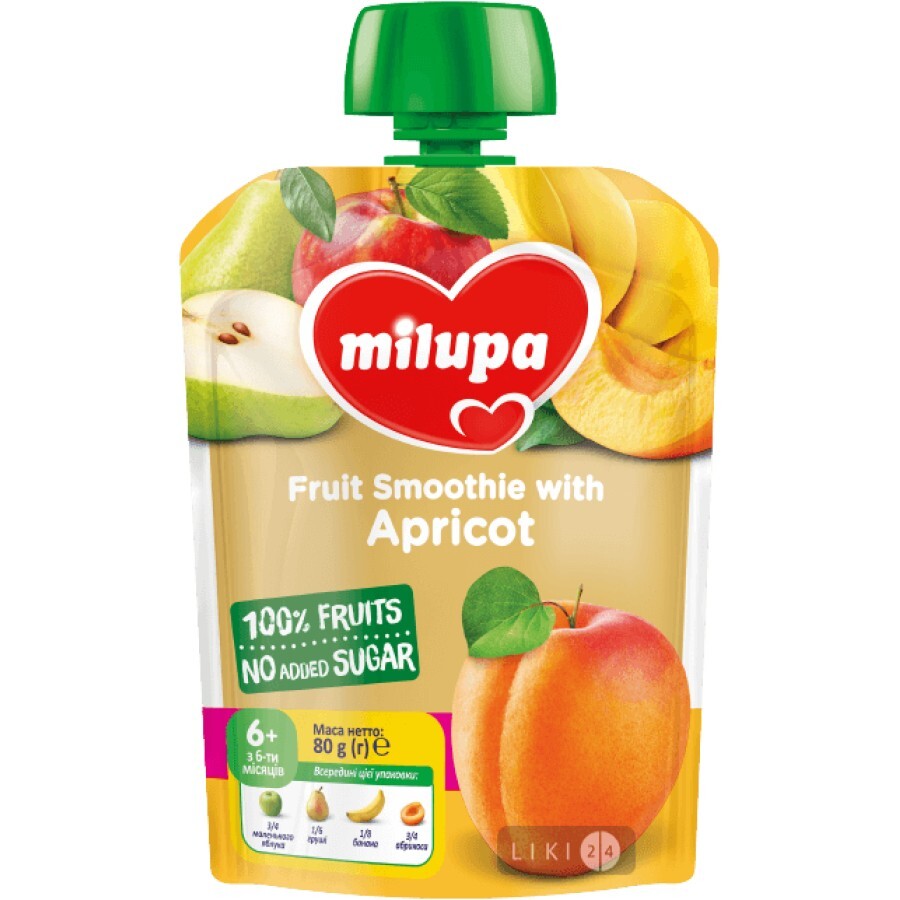 Фруктове пюре Milupa Яблуко, груша, банан і абрикос з 6 місяців 80 г: ціни та характеристики