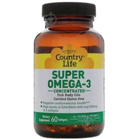 Жирні кислоти Country Life Super Omega-3, концентрований риб'ячий жир, 60 м'яких капсул
